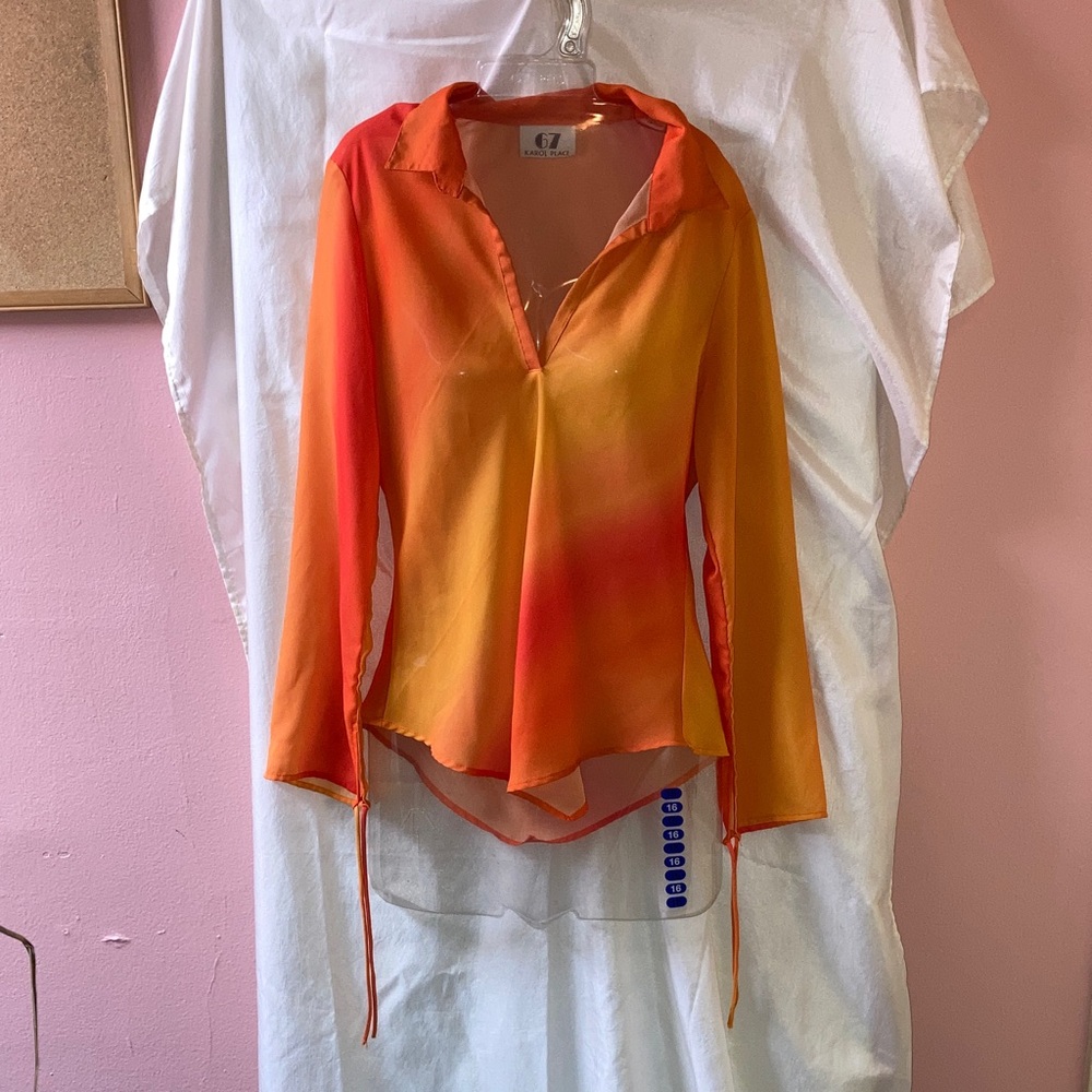 Elegant Sunset Orange Sheer Blouse with Long Sleeves